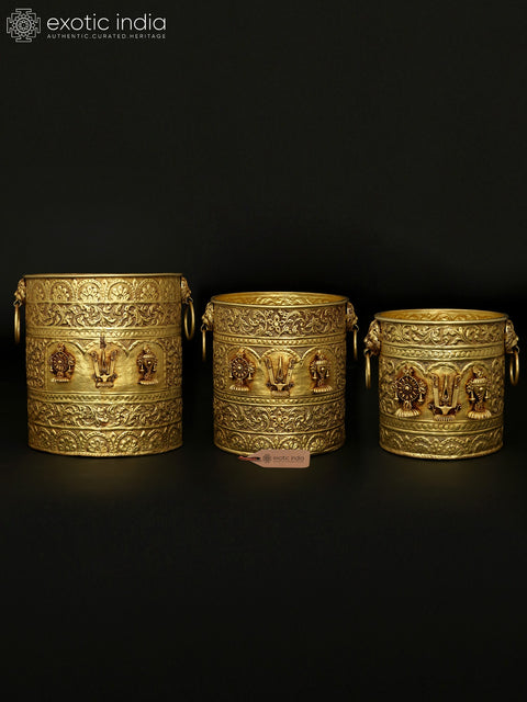 Handcrafted Brass Vaishnav Symbols Planters Set | Shankh Chakra Tilak Decor Vessels