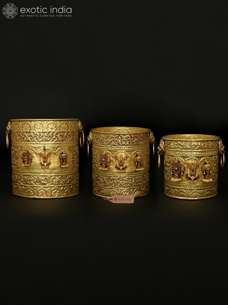 Handcrafted Brass Vaishnav Symbols Planters Set with Shankh Chakra Tilak
