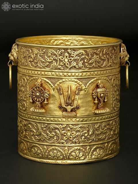 Handcrafted Brass Vaishnav Symbols Planters Set | Shankh Chakra Tilak Decor Vessels