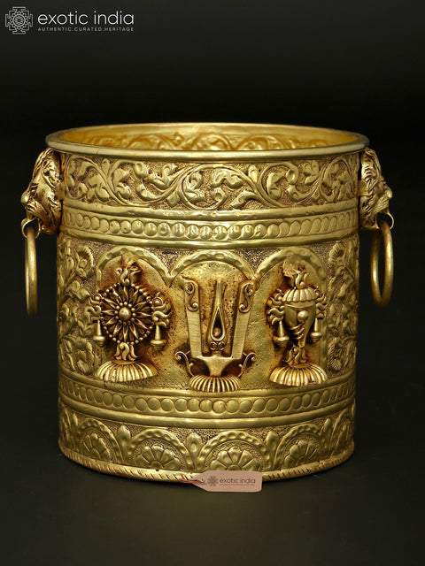 Handcrafted Brass Vaishnav Symbols Planters Set | Shankh Chakra Tilak Decor Vessels