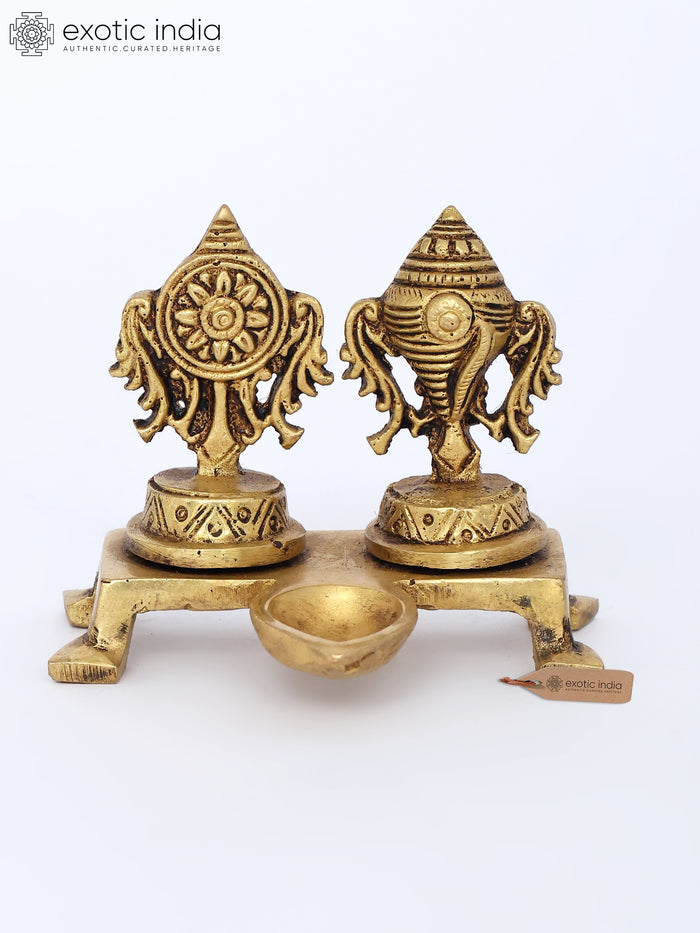 3" Small Brass Shankh Chakra Diya Lamp for Pooja