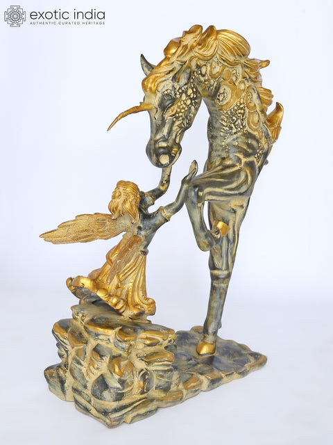 36" Large Golden Fairy Angel with Unicorn | Fantasy Home Decor Sculpture