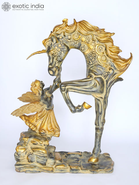 36" Large Golden Fairy Angel with Unicorn | Fantasy Home Decor Sculpture