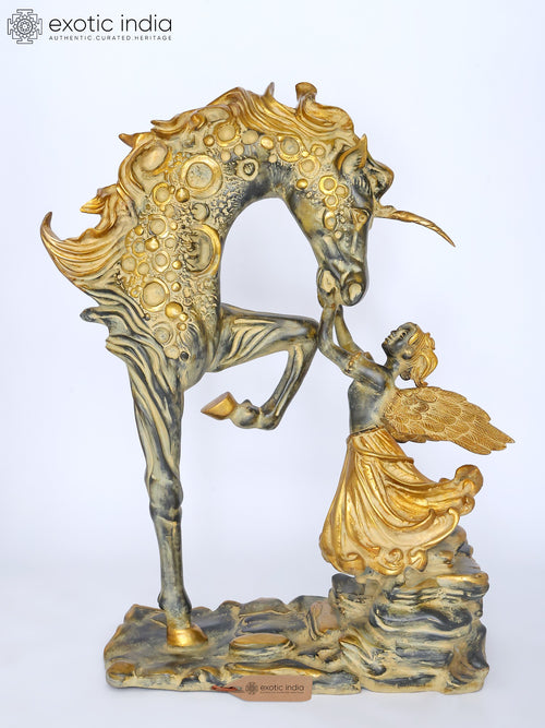 36" Golden Fairy Angel with Unicorn Brass Home Decor Sculpture