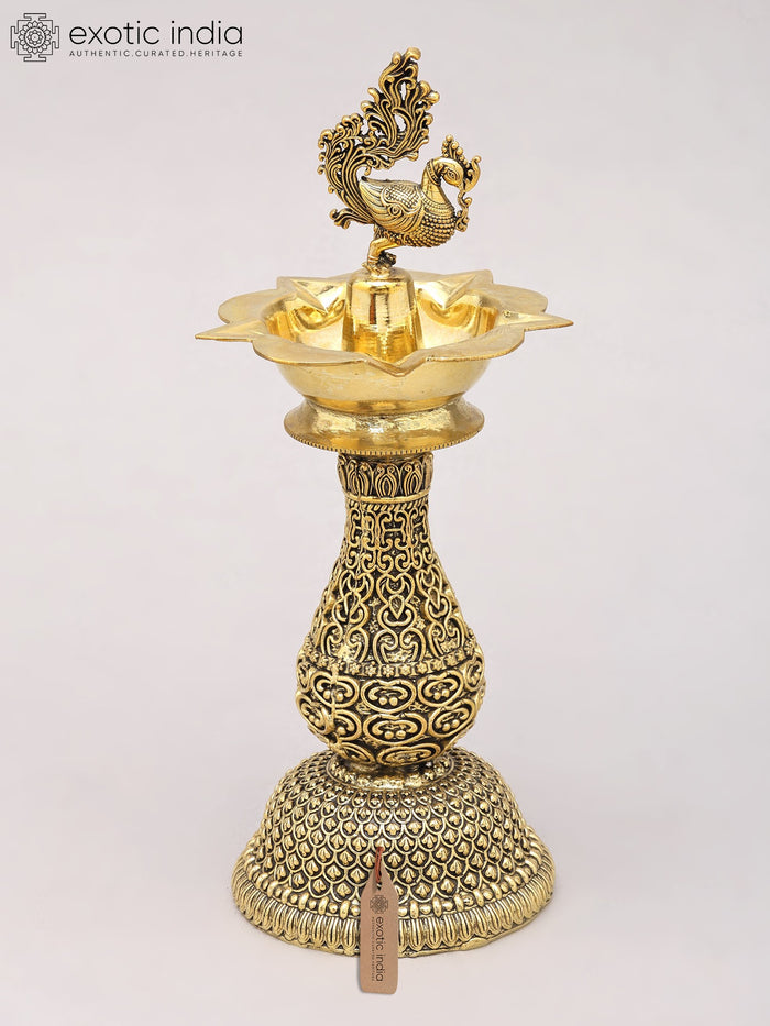 8" Superfine Brass Peacock Five-Wick Oil Lamp for Pooja