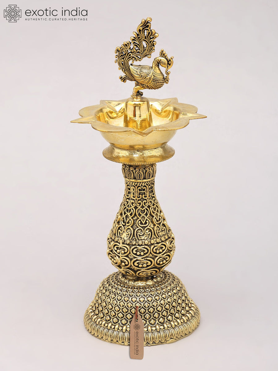 8" Superfine Brass Peacock Five-Wick Oil Lamp for Pooja