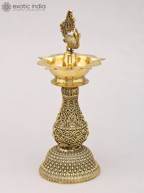 8" Superfine Five Wicks Peacock Lamp in Brass