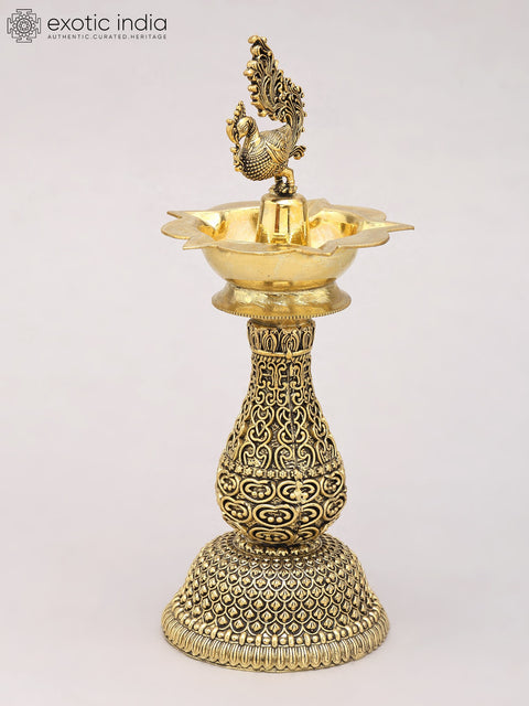 8" Superfine Five Wicks Peacock Lamp in Brass