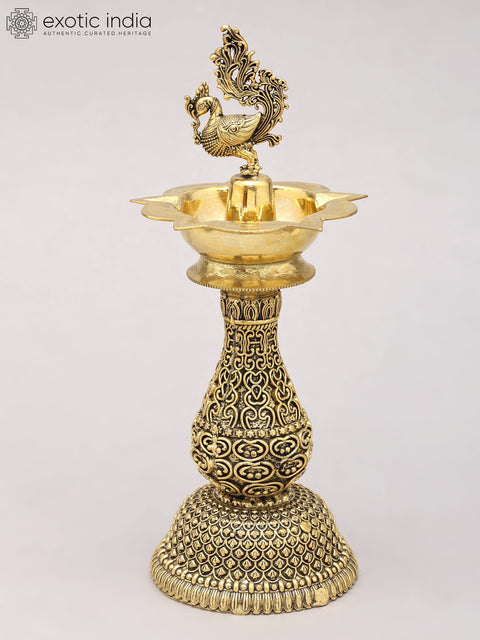 8" Superfine Five Wicks Peacock Lamp in Brass