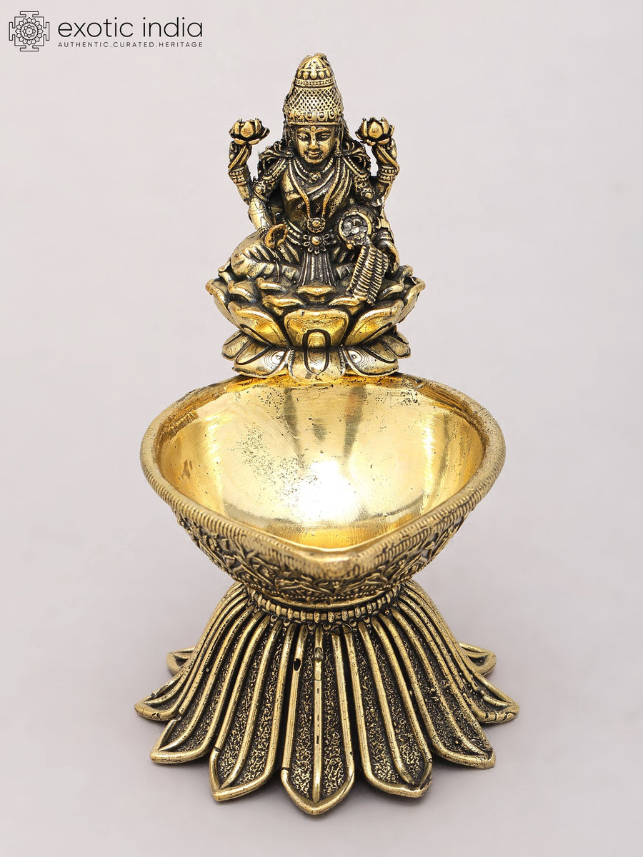 5" Handmade Goddess Lakshmi Brass Diya Lamp for Pooja