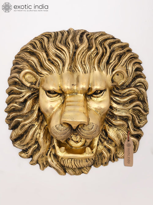 15" Lion Face Brass Wall Hanging Statue for Home Decor