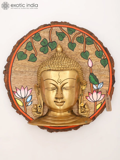 9" Brass Buddha Wall Hanging Statue with Hand-Painted Wood Frame