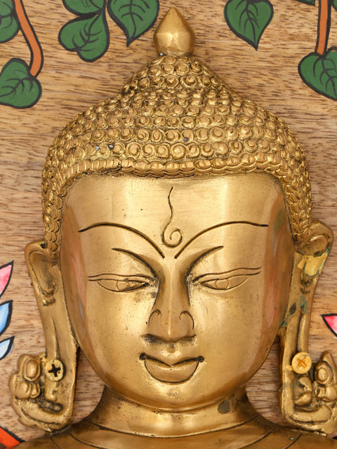 9" Brass Buddha Wall Hanging Statue with Hand-Painted Wood Frame