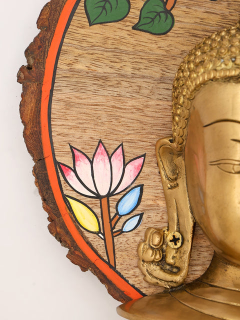 9" Brass Buddha Wall Hanging Statue with Hand-Painted Wood Frame