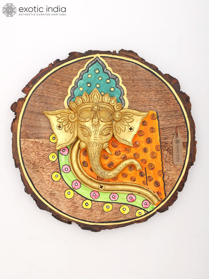 9" Hand-Painted Wood Framed Ganesha Face Statue | Wall Hanging