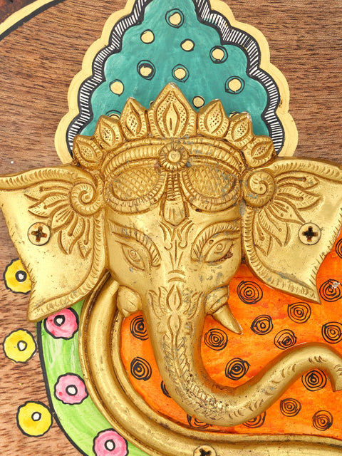 9" Hand-Painted Wood Framed Ganesha Face Statue | Wall Hanging