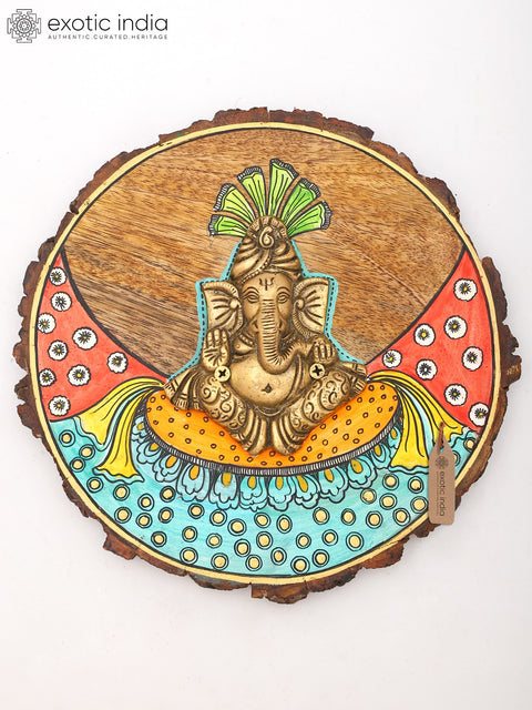 9" Wall Hanging Ganesha | Hand-Painted Wood Framed Brass Sculpture