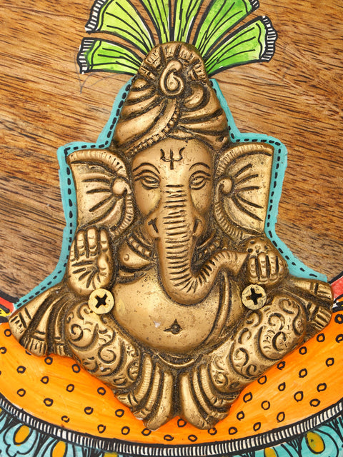 9" Wall Hanging Ganesha | Hand-Painted Wood Framed Brass Sculpture