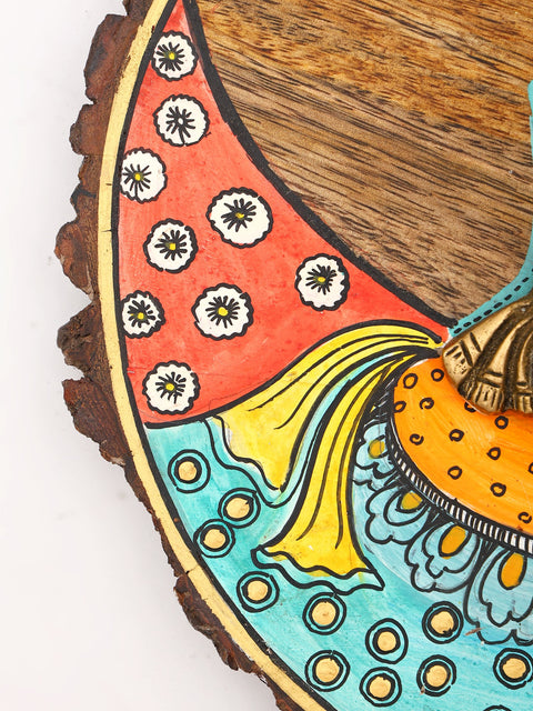9" Wall Hanging Ganesha | Hand-Painted Wood Framed Brass Sculpture