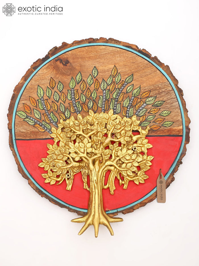 13" Hand-Painted Brass Tree of Life Wood Wall Hanging