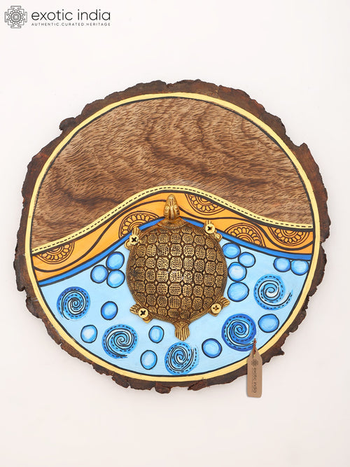 9" Brass Turtle Wooden Wall Art Sculpture for Home Decor