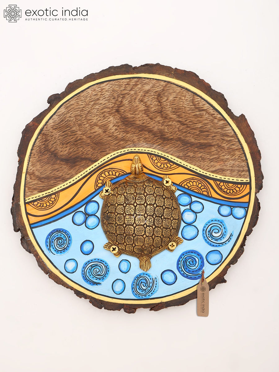9" Brass Turtle Wooden Wall Art Sculpture for Home Decor