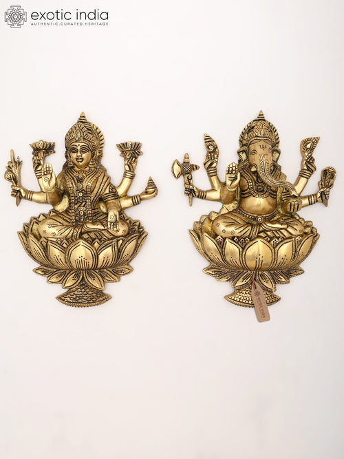 11" Brass Lakshmi Ganesha Wall Hanging Statue Pair