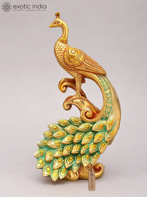 12" Brass Peacock Statue with Long Tail Home Decor
