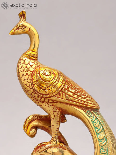 12" Brass Peacock with Beautiful Long Tail | Home Decor