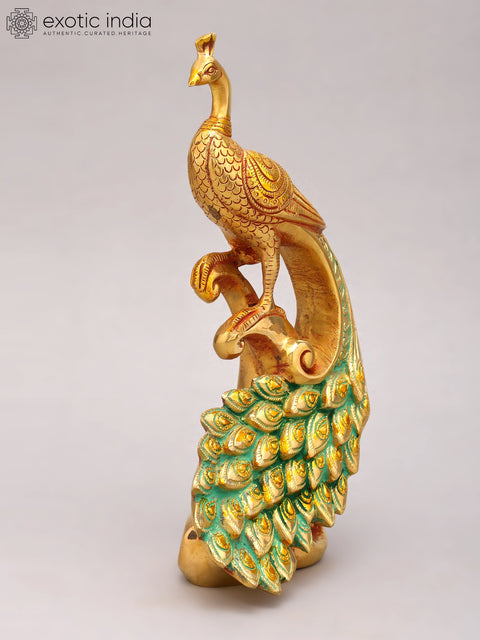 12" Brass Peacock with Beautiful Long Tail | Home Decor