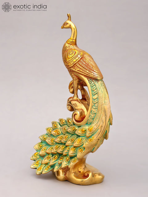 12" Brass Peacock with Beautiful Long Tail | Home Decor
