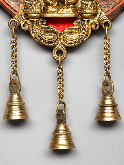 10" Brass Ganesha with Bells on Hand-Painted Wood Frame | Wall Hanging
