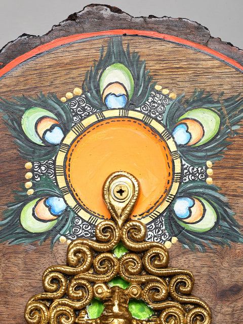 10" Brass Ganesha with Bells on Hand-Painted Wood Frame | Wall Hanging