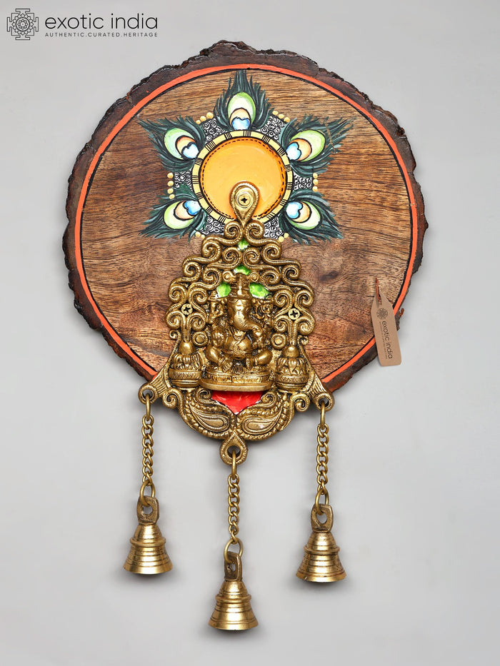10" Brass Ganesha Wall Hanging with Hand-Painted Wood Frame