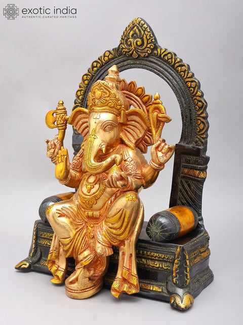16" Blessing Lord Ganesha Seated on Singhasan | Brass Statue