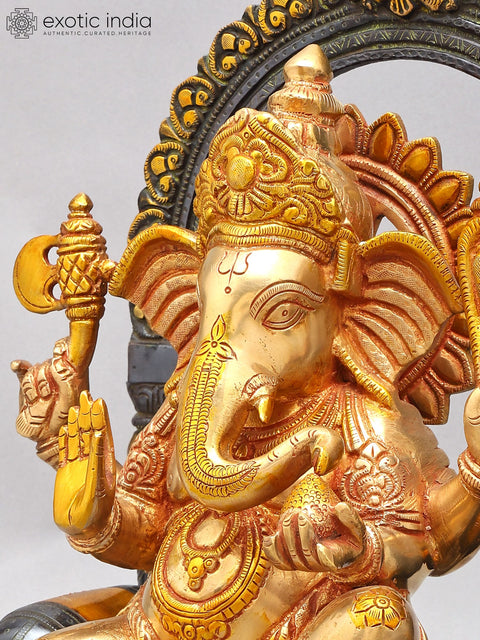 16" Blessing Lord Ganesha Seated on Singhasan | Brass Statue