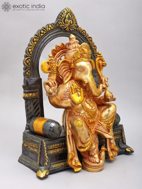 16" Blessing Lord Ganesha Seated on Singhasan | Brass Statue