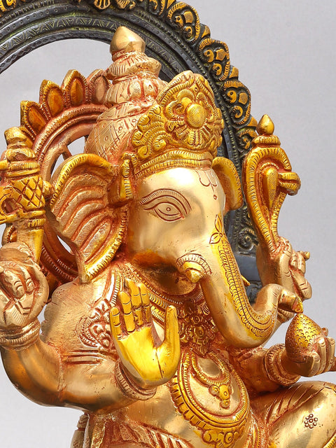 16" Blessing Lord Ganesha Seated on Singhasan | Brass Statue