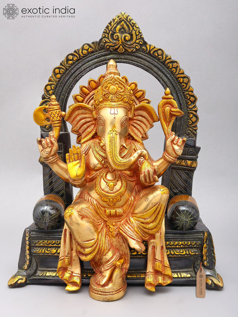 16" Blessing Lord Ganesha Seated on Singhasan | Brass Statue