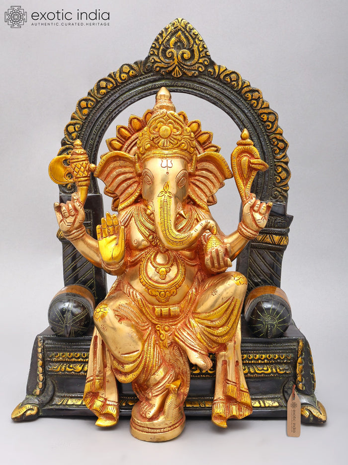 16" Brass Lord Ganesha Seated on Singhasan Blessing Statue