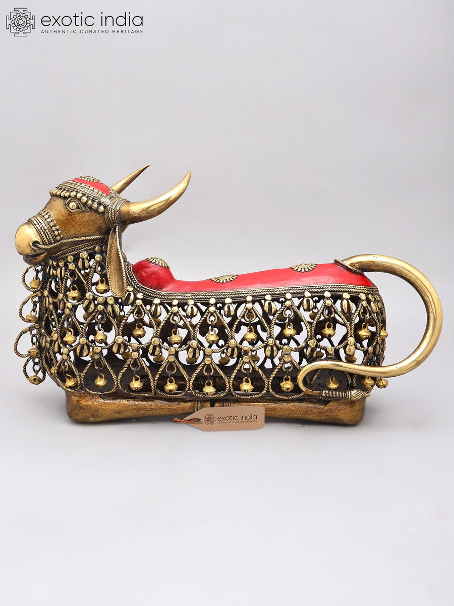 18" Handmade Dhokra Brass Nandi Statue, Vahana of Lord Shiva