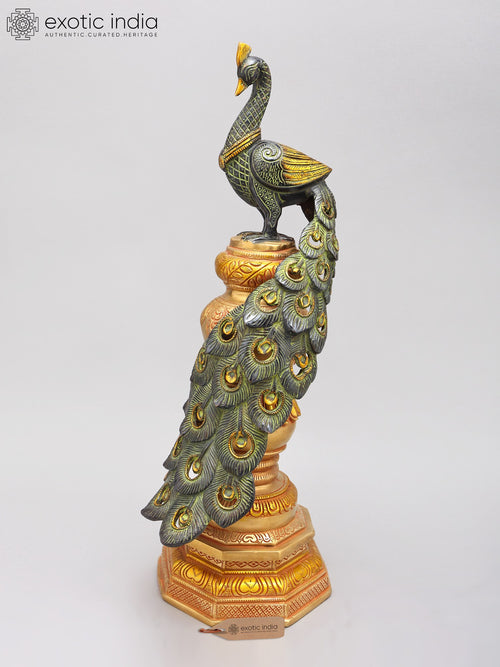 20" Brass Peacock Statue with Long Tail for Home Decor