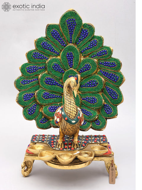 14" Beautiful Peacock with Five Wicks Diya (Lamp) | Brass with Inlay Work
