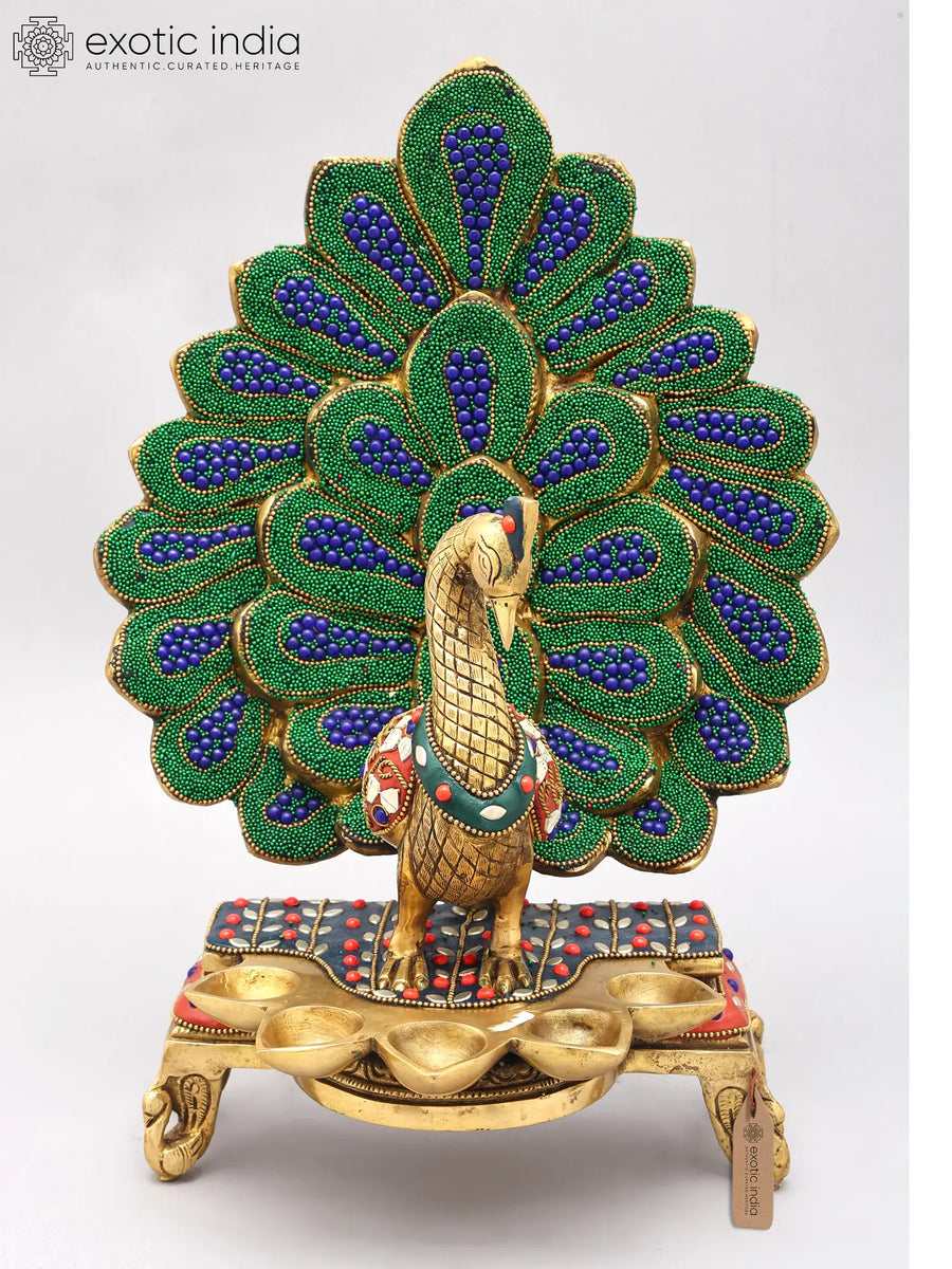 14" Brass Peacock Five Wicks Diya Lamp with Inlay Work