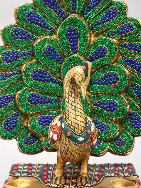 14" Beautiful Peacock with Five Wicks Diya (Lamp) | Brass with Inlay Work
