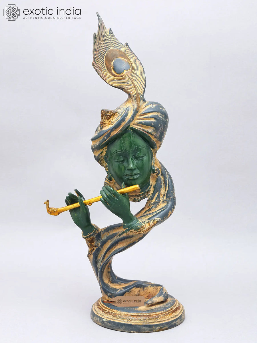 20" Stylized Modern Krishna Playing Flute Brass Statue