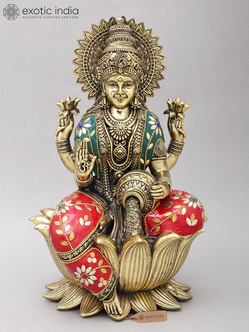 12" Handmade Brass Lakshmi Statue with Inlay Work