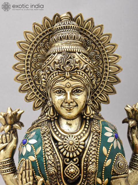 12" Superfine Blessing Goddess Lakshmi | Brass Statue with Inlay Work