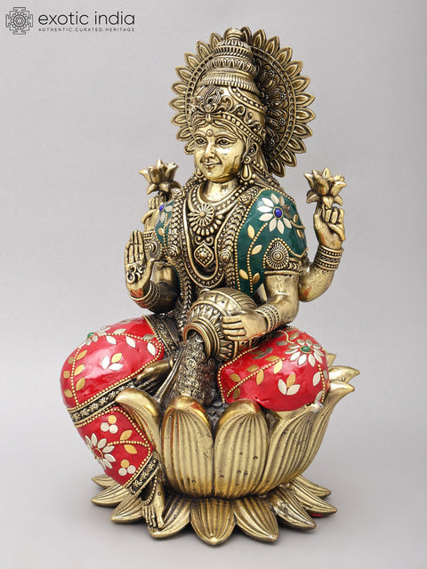 12" Superfine Blessing Goddess Lakshmi | Brass Statue with Inlay Work