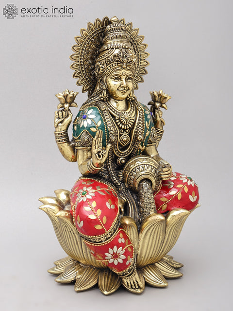 12" Superfine Blessing Goddess Lakshmi | Brass Statue with Inlay Work